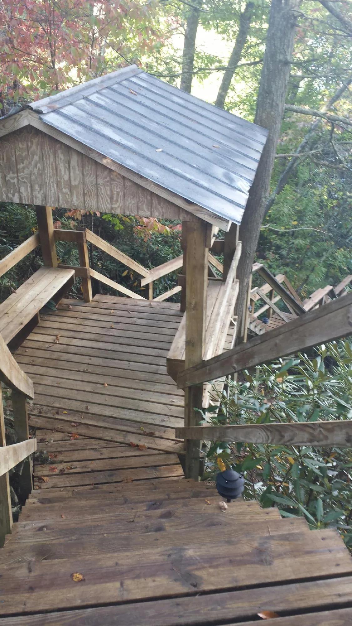 Metal roofed shelter over wooden steps on a wooded walkway — Skylight Repair & Installation work by our crew in Rocky Point